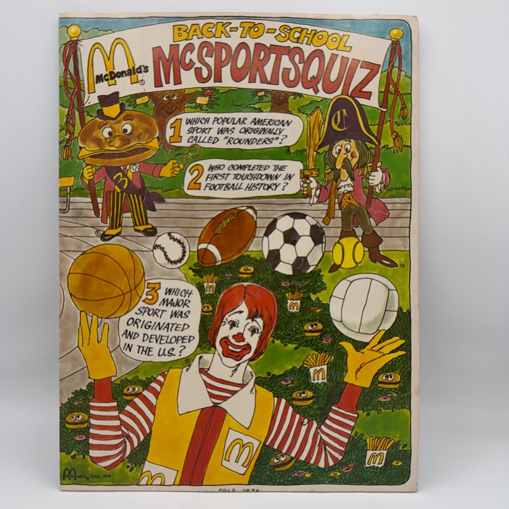 Vintage 1974 McDonalds‎ McSportsQuiz Tray Liner Ronald McDonaldland OS 70s Retro